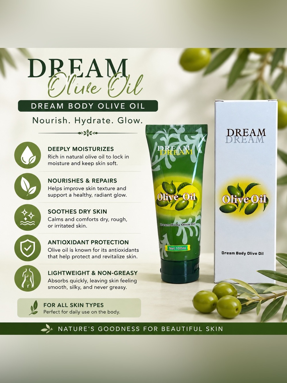 Dream Body Olive Oil Moisturizing Cream Lotion 100ml New - Picture 3 of 4